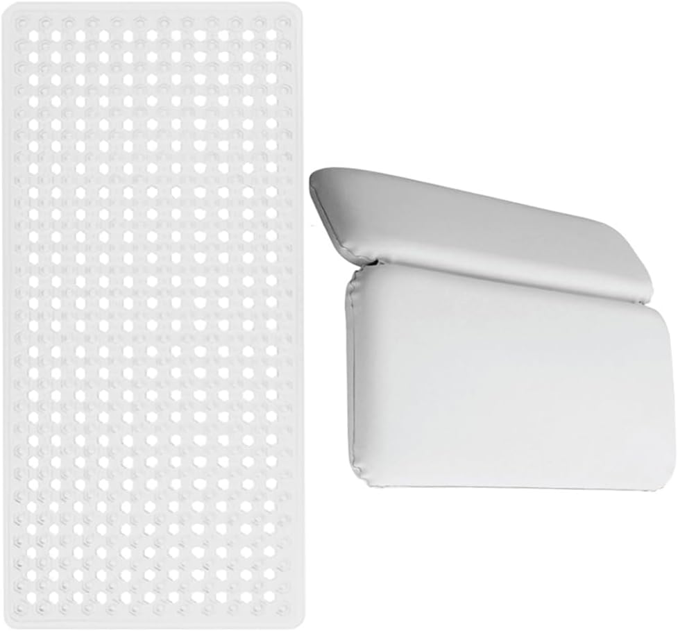 Gorilla Grip Patented Bath Tub Shower Mat and Bath Pillow for Tub, Mat Size 35x16, Washable, Pillow 2 Pannel, Relaxing Home Spa, Both Color White, 2 Item Bundle