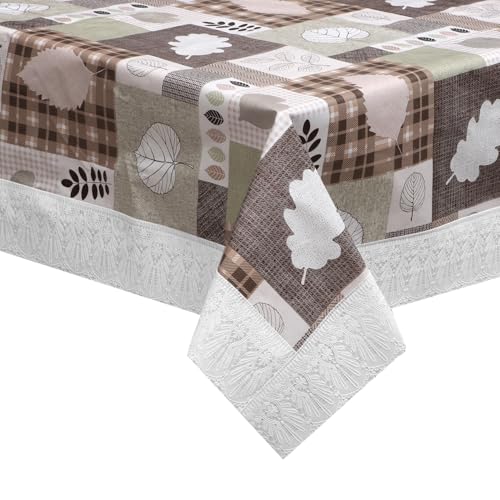 Image of Dakshya Industries PVC Waterproof Square Table Cover 48x48 Inch for 4 Seater Dining Table | Floral Printed Oilproof Stain Resistant Washable Plastic Table Cover, Green & Brown