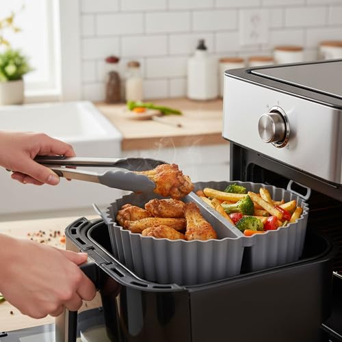Image of PureBake Air Fryer Liners - Round Silicone Basket Baking Tray with Middle Partition, Nonstick & Heat-Resistant, Reusable with Ear Handles - 8 Inch, Multicolor (1 Silicone Liner with 1 Oil Brush)
