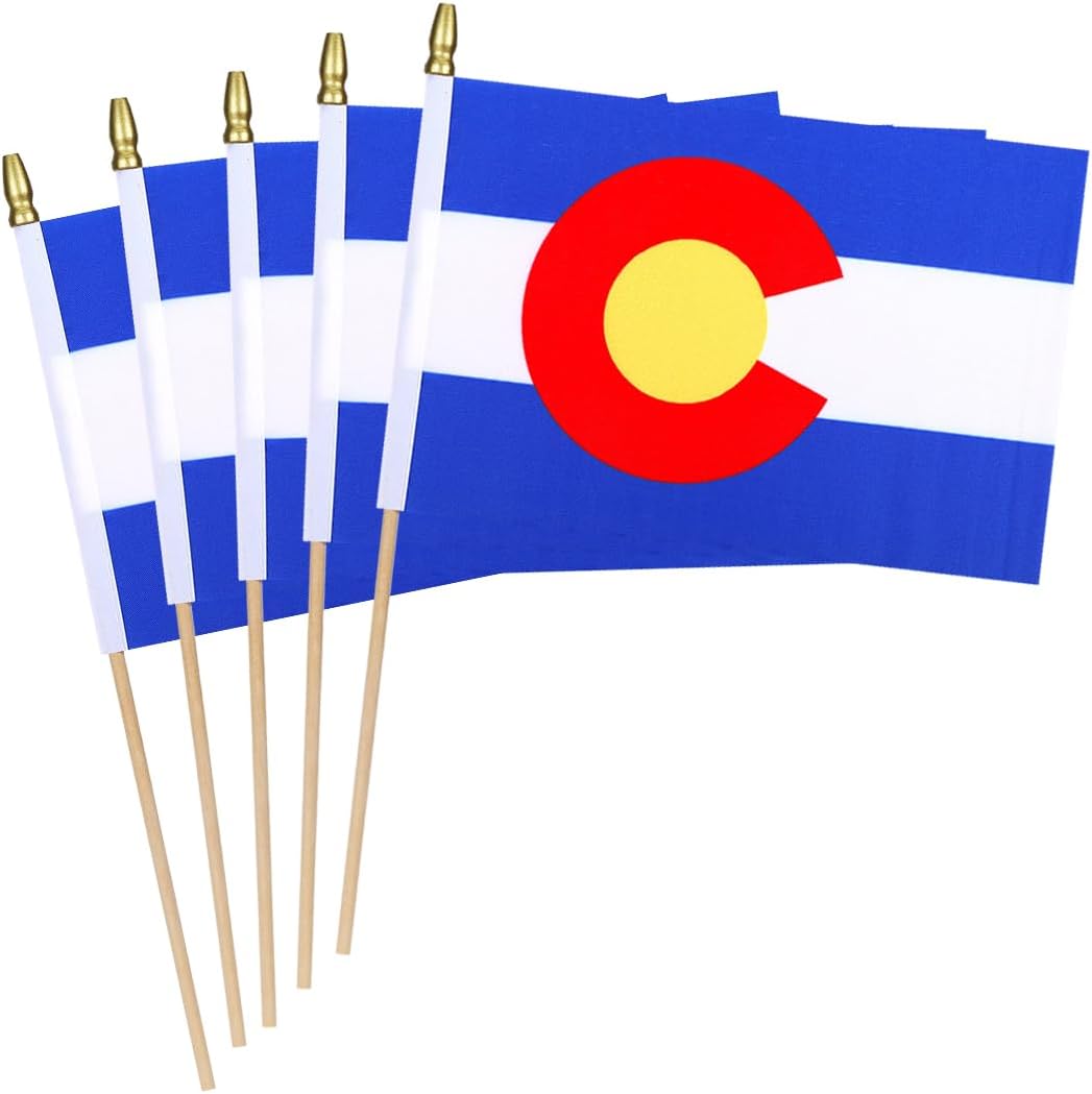 5 Pack Colorado State Small Mini Wood Hand Held Stick Flag,Suitable For Various Holiday Parties,World Cup,State Decoration School Office Home Decoration.