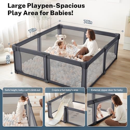 Image of Baby Playpen Portable, Pre-Assembled Play Pen 71x79 Large Foldable Playpen for Babies and Toddlers, Sturdy and Safe Toddler Play Yard Indoor Outdoor with Carry Bag,Dark Grey