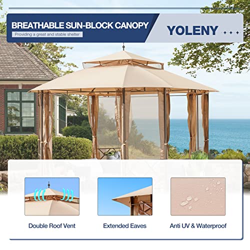 Yoleny 12'X10' Patio Canopy,Gazebo With Mesh Curtains And Safety Bars, Waterproof Double Roof Tops, For Garden, Backyard,Parties, Deck, Khaki #TOP5
