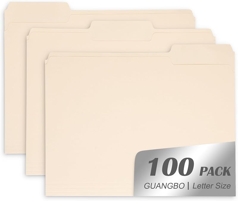 Manila File Folder, 1/3-Cut Tab, Letter Size, Manila Folders with Tab, 100 per Box