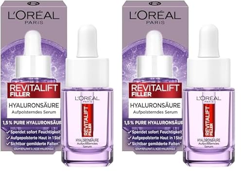 L'Oréal Paris Aufpolsterndes mini Serum für Frauen: für Faltenminderung & jugendlich und praller aussehende Haut mit [1,5% Hyaluronsäure], Revitalift Filler, 1x 15ml (Packung mit 2)