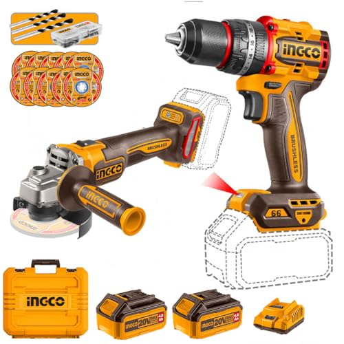 Ingco Ckli20273e Set Smerigliatrice Angolare 115 mm e Trapano a Percussione a Batteria 20 V e 2 Batterie 4 ah in Valigetta