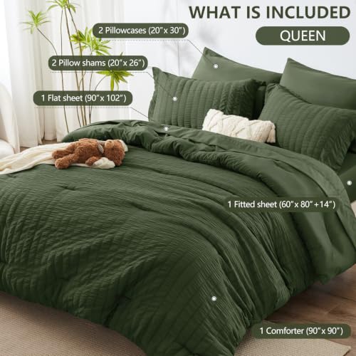 Image of HIMEET Queen Comforter Set - 7 Pieces Seersucker Bed in a Bag, Boho Bedding Sets for Bedroom Decor, All Season Home Essential Bed Set with Comforter, Sheets, Pillowcases & Shams, Olive Green