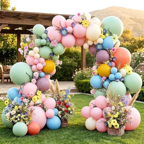 Image of Blue Green Pink Balloon Arch with Cosmos Kelsang Flowers Double Stuffed Pastel Green Purple Yellow Beige Balloons for Wildflower Baby Shower Easter Spring Tea Gender Reveal Bridal Party Decor