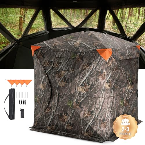 VEVOR Hunting Blind, 270° Ground Blind, 2-3 Person Pop Up Deer Blind for Hunting with Carrying Bag, Portable Resilient Hunting Tent, 3 Horizontal Windows for Turkey and Deer Hunting