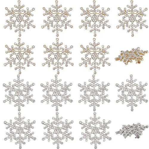 GORGECRAFT 10Pcs 2 Colors Christmas Snowflake Brooch Pin Crystal Rhinestone Breastpin Flower Embellishment Button Lapel Badge Pin for Woman DIY Wedding Bridal Dress Bouquet Decor Gold Silver