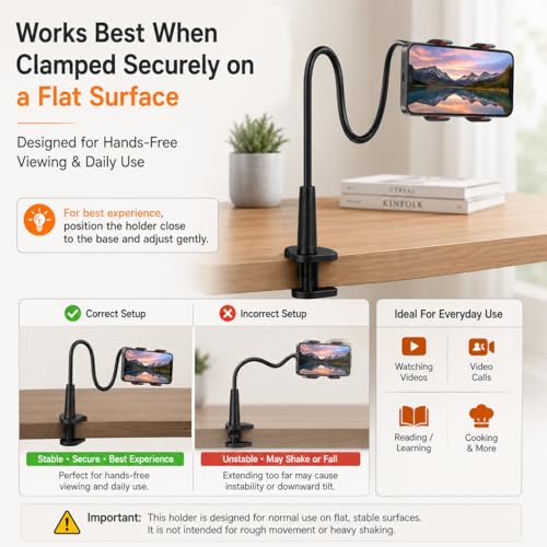 Image of Gooseneck Mobile Phone Holder with Table Clamp Mount Setup, Flexible Adjustable Phone Stand for Desk & Bedside Use, Hands-Free Viewing for Video Calls, Online Classes & Reading