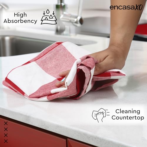 Image of Encasa XO Kitchen Towels Cotton Pack of 4 | 70x45 cm, Buffalo Red Checks - Dish Cloths | Highly Absorbent Cleaning & Wiping Cloths for Kitchen | Reusable Tea Towels