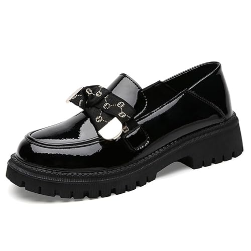Patent Leather Platform Loafers with Bow Detail, Chunky Lug Sole,