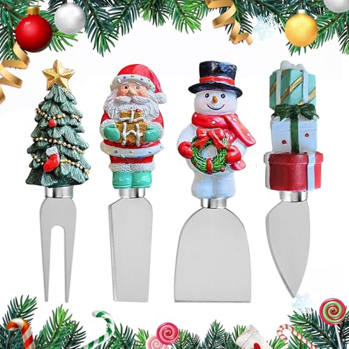 Linwnil 4-Piece Hand Christmas Resin Handles Cheese Knives, Xmas Charm Cheese Spreader Knife for Charcuterie Board Tools