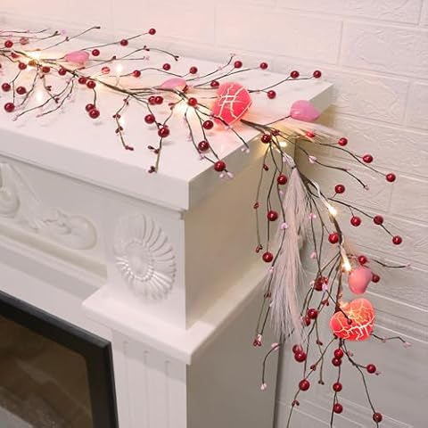 DR.DUDU Valentines Day Decor Garland, 6 FT Lighted Garlands for Mantle with Heart Lights Pink Feather Red Berry, Pre-lit Valentine Decorations for Fireplace Indoor Outdoor Home Table Party Wedding Cover