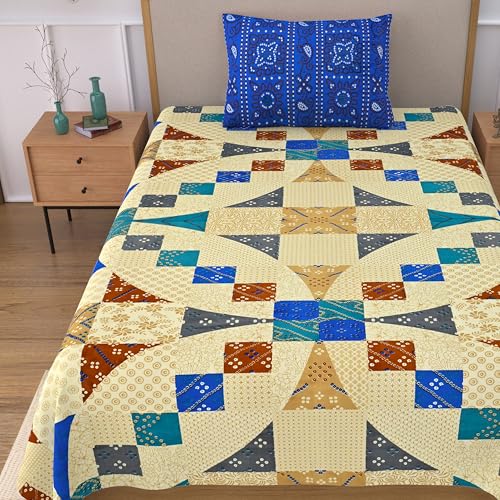 Image of 100% Cotton Single Bedsheet with 1 Pillow Cover | 240 TC Pure Cotton Flat Bed Sheet | Traditional Jaipuri Printed Bedding Set | Soft & Breathable | 60 x 90 Inch (Rangmahal Single 65)
