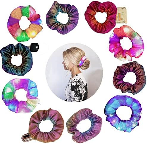 LED Hair Scrunchies for Girls with Hidden Zipper Pocket |10PCS| LED Glow Hair Bands, Light up Scrunchies with 3 Light Modes, Summer Accessories, Glow in The Dark Hair Ties (Mermaid 10)