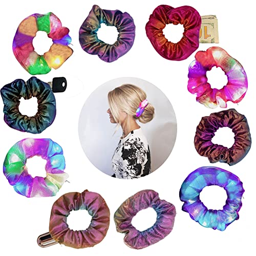 Led Hair Scrunchies For Girls With Hidden Zipper Pocket |10Pcs| Led Glow Hair Bands, Light Up Scrunchies With 3 Light Modes, Summer Accessories, Glow In The Dark Hair Ties (Mermaid 10) #TOP14