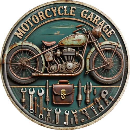 AWISZZZ Motorcycle Garage Metal Sign 8x8in Round Industrial Plaque for Workshop Wall Decor Biker Enthusiast Gift