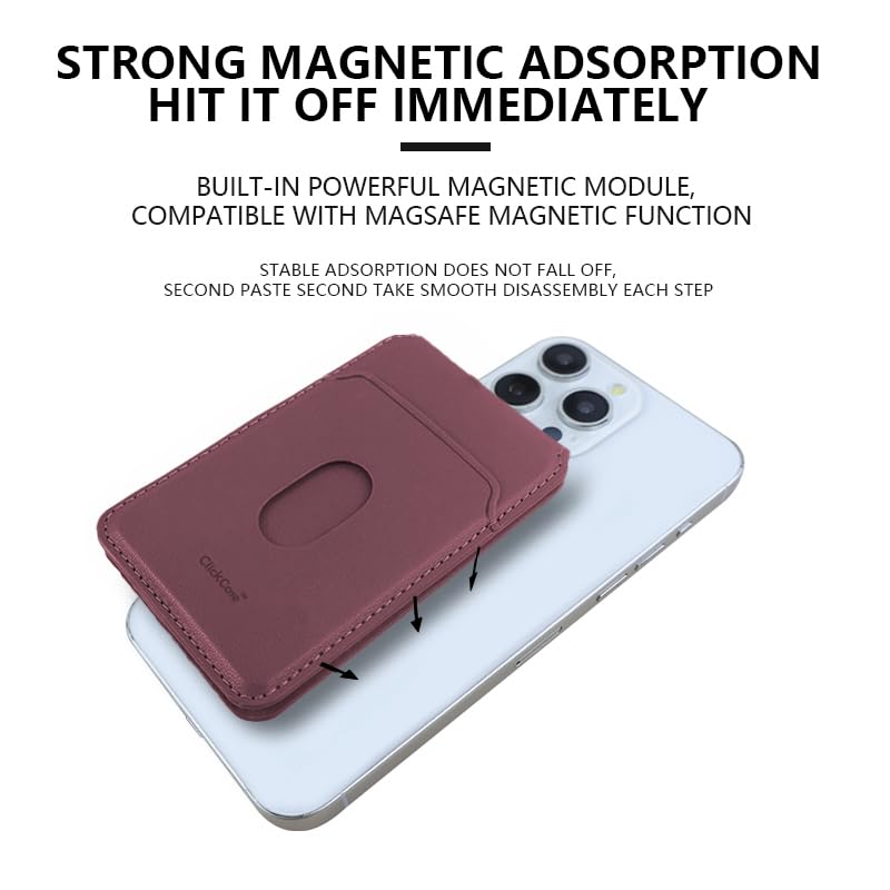 Image of ClickCaseBifold MagSafe Wallet, Minimalist Wallet with Stand, Magnetic Closure Wallet for iPhone 16 /15 /14 /13 /12 Series, Card Holder, Vegan Leather (Wine RED)
