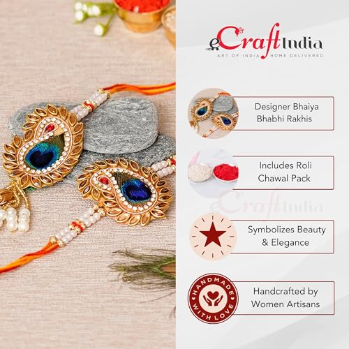 Image of eCraftIndia Peacock Feather Designer Bhaiya Bhabhi Rakhi Set with Best Bro Ever Fridge Magnet and Roli Chawal Pack