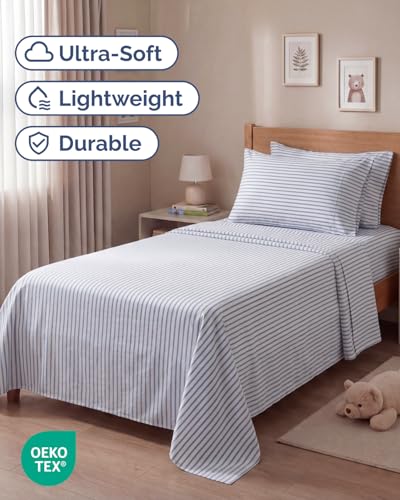 Image of Twin 4 Piece Bed Sheet Set - Breathable & Cooling Sheets - Blue Stripes | Ultra Soft Hotel Luxury Bedding Set with 8-16 Inch Deep Pockets, 1 Flat & 1 Fitted Sheet & 2 Pillowcases, Wrinkle & Fade Free