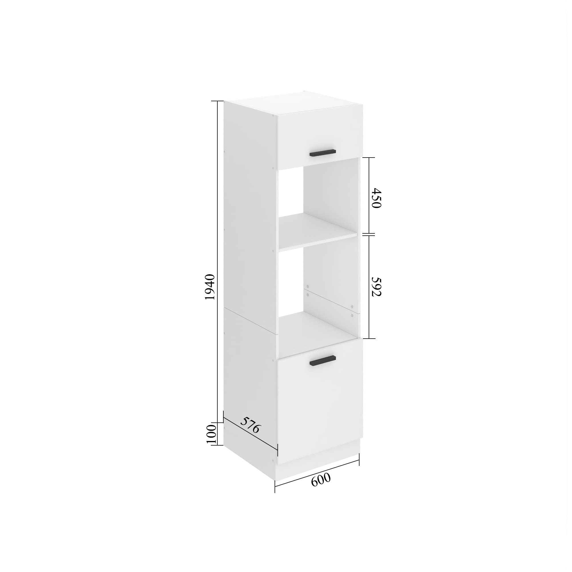 Belini szafka do kuchenki mikrofalowej, szafki kuchenne, wysoka szafka kuchenna SSP. Szafka do kuchenki mikrofalowej - 60 cm szerokości i 204 cm wysokości. Bufet kuchenny z 2 drzwiami i 2 półkami, biały wysoki połysk