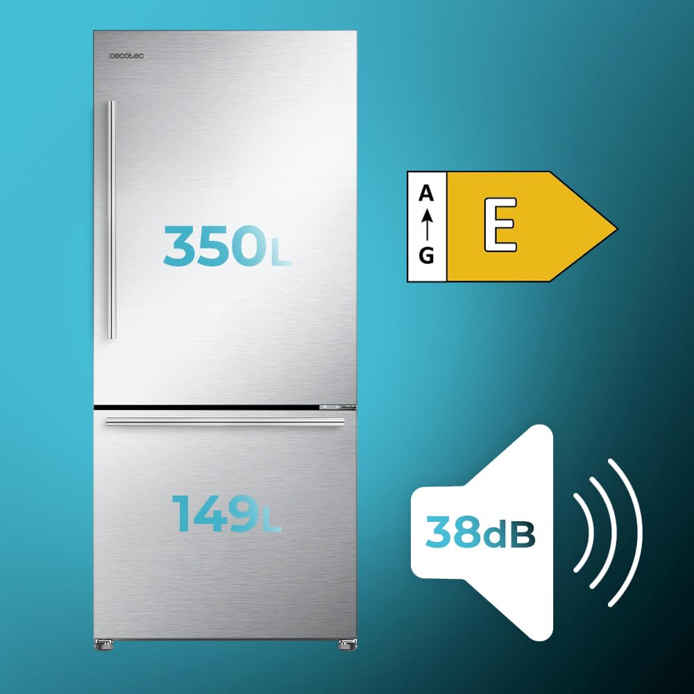 Cecotec Frigorífico Puerta Francesa Total NoFrost 499L Bolero CoolMarket Combi FD 499 Inox E. Alto 178cm y Ancho 75,9cm, Bajo Consumo, Green HUB, MetalFlex Cooling, Fast Freezing, Modo Smart, Inox