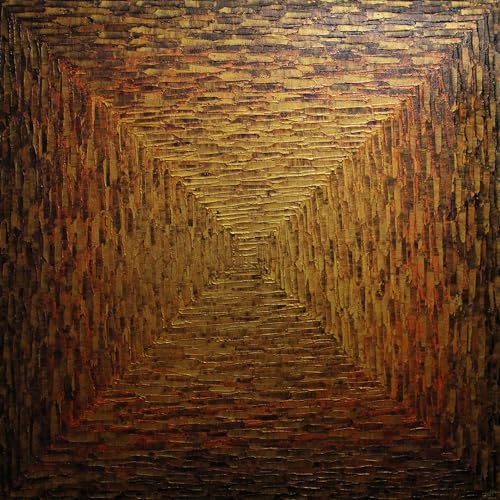 Grand tableau abstrait sur toile dégradé carré or orange violacé 80x80 cm pour salon