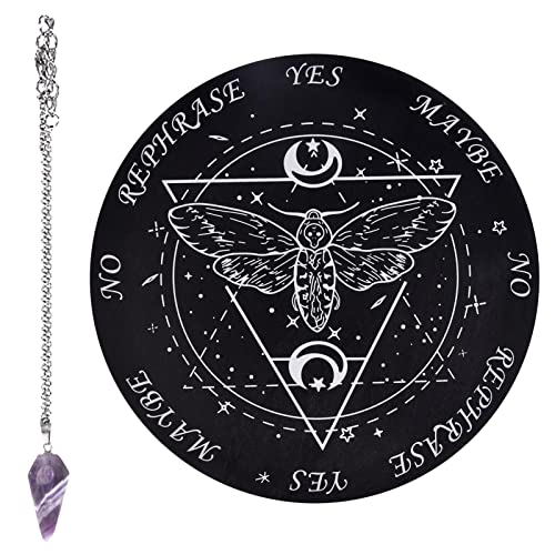 黒の振り子ボード木製の占いボード、紫色の結晶を備えた形而上学的なダウジングボード、魔女のウィッカン祭壇用のダウジング振り子ネックレスダウジングと占いのための魔術キット Xinbin