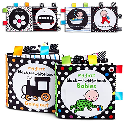 Image of Soft Cloth Books Baby Books-2Pack for Infant Toddler Kids, Colorful High Contrast, Crinkle Washable Chewable Non-Toxic Early Educational Bath Books, Babies & Faces & Out Going Themes, Giftable