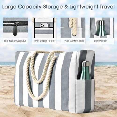 Image of Becokan Women's Pool Swim Bag - Waterproof Sandproof Large Stripe Beach Tote with Zipper