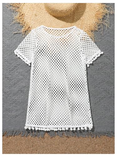 SHENHE Girl's Cute Swim Cover Up Hollow Out Sheer Bathing Suit Coverups Pom Pom Beach Dress2