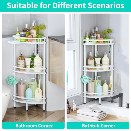 Image of HapiRm Standing Corner Shower Caddy - 3 Tier Shower Organizer Corner with Soap Holder and 4 Hooks, Rustproof Bathroom Storage Shelves with Adhesives, White