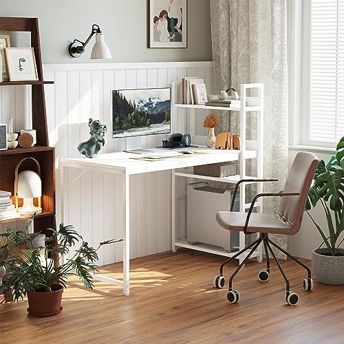 CubiCubi Schreibtisch, 100 x 50cm Groß Computertisch mit Regal rechts oder Links, Pc Gaming Tisch, Bürotisch fürs Büro Wohnzimmer, Stabil Stahlgestell schreibtische, Weiß/Weiß