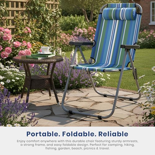 Image of Pivalo Folding Beach Chair with Adjustable Pillow and Arm Rest Portable Lightweight Rainbow Stripped Foldable Fishing Chairs for Travelling Picnic & Outdoor Camping (Large, Blue & Green Stripe)