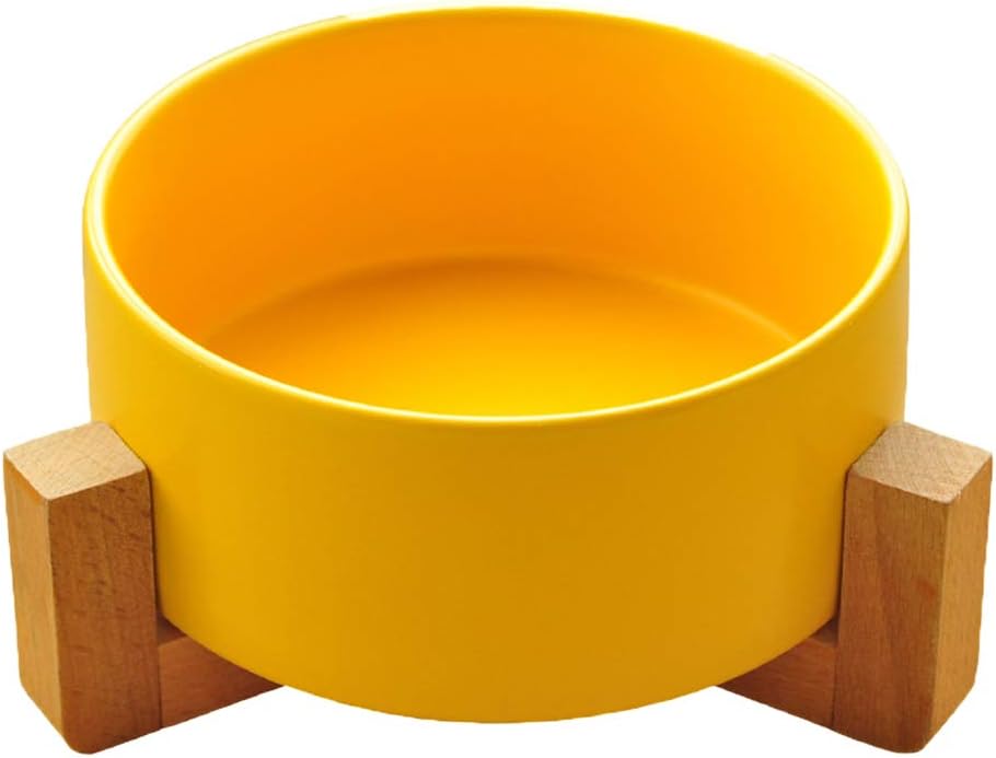 DotPet Ceramic Cat Bowl,Pet Food Water Dishes with Wood Stand Non Slip Kitten Ceramic Bowl for Cats and Small Dogs (Yellow)
