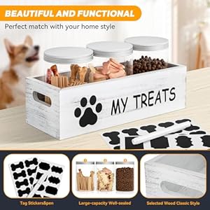   Dog-Treat-Container-for-Countertop-Dog-Food-Storage-with-3-Jars-Pet-Food-Organizer-For-Puppy-Airtight-White-Wooden-Dog-Treat-Storage-With-Lids-Great-Gift-for-Pet-Dog-Owners