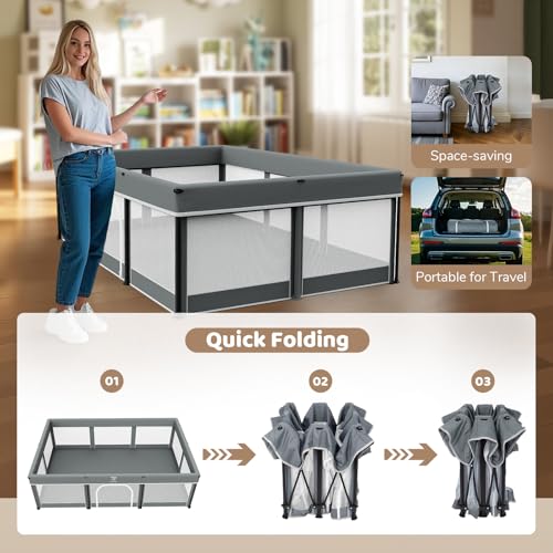 Image of 74x50 Foldable Baby Playpen with Mat - Portable Outdoor Play Yard, Grey