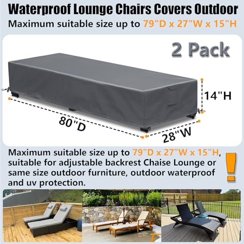 GoldenRaindrop Waterproof Patio Lounge Chair Cover 2 Pack Outdoor Chaise Lounge Covers 600D Weather Resistant Material, UV Protection, Windproof Design Outside Furniture Covers 80" x 28" x 14" H,Grey by GoldenRaindrop - Image 2