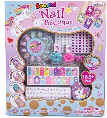 Hot Focus Scented Nail Boutique – 168 Piece Unicorn Nail Art Kit Includes Press on Nails, Nail Patches, Nail Stickers, Nail Polishes, Nail File and Ring – Non-Toxic Water Based Peel Off Nail Polish