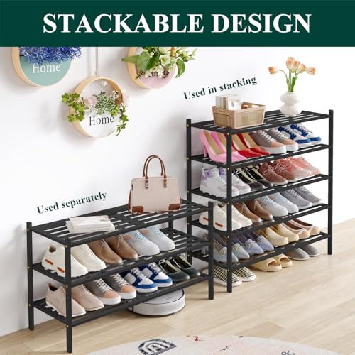 Image of Smiry Bamboo Shoe Rack, 5 Horizontal Slats, 3 Tier - 33.9 inch Wide, Black