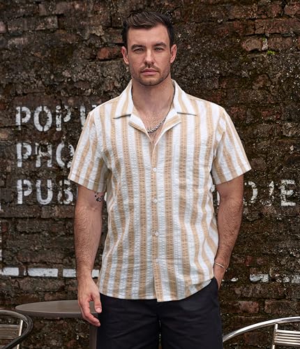 Image of VATPAVE Mens Striped Summer Shirt Casual Button Down Short Sleeve Beach Shirts Cotton Shirts for Men