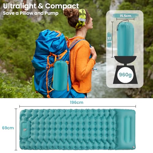 Satisure Wasserdicht Isomatte Camping Aufblasbare Matratze, Camping Matratze Outdoor, Ultraleicht Luftmatratze mit Fußpresse Pumpe, Faltbare Schlafmatte mit Kissen, Aufblasbarer Wasserhängematte 4