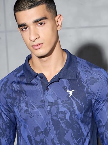 Image of TECHNOSPORT Men Polyester Slim Fit Printed Full Sleeve Polo Neck T-Shirt with Technocool+, SPF50+ & Quick Dry for Gym, Sports and Regular Use