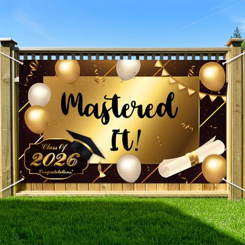 Kimini-Ki Mastered It Backdrops Banner, Master's Graduation Banner, Mastered It Graduation Decorations, Congrats Grad College Class of 2026 Grad Party Decorations (Black)