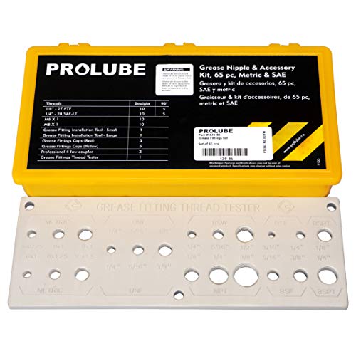 Image of PROLUBE 65-Piece Metric & SAE Grease Fitting Kit | 6,000 PSI | Includes 1 /8 inch-27, inch-28 (Straight, 90) & M6, M8 | Easy Out Tool, Grease Fitting Caps, 4-Jaw Coupler, Thread Tester | #43986