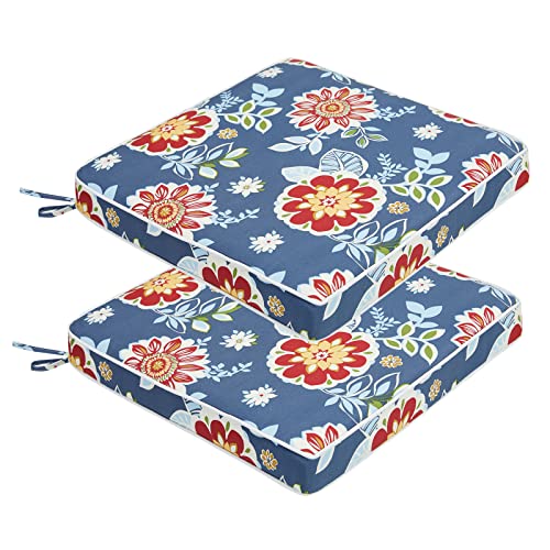 JMGBird Outdoor Chair Cushions Set of 2 - Waterproof Patio Seat Cushions 19x19 Inch with Ties, Blue Flower Floral Pattern High Density Foam Square Cushions for Garden Furniture