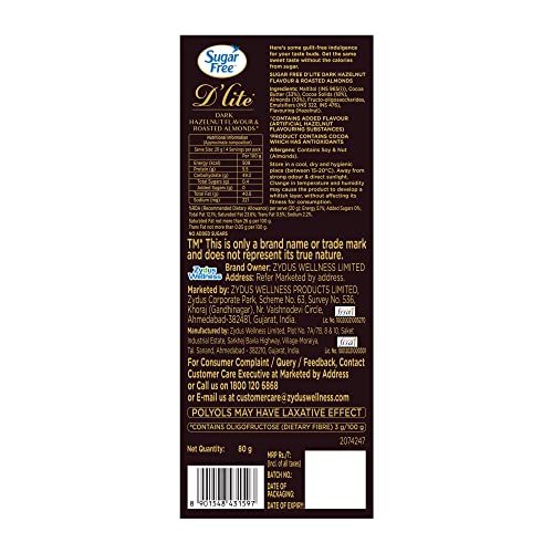 Image of Sugar Free D'lite Dark Chocolate | Hazlenut & Almonds Dark Chocolate Bar | Pack Of 1 (80 Gram) | No Added Sugar | Keto Friendly & Vegan | Gluten Free | Guilt Free Extreme Delight With 50% Cocoa