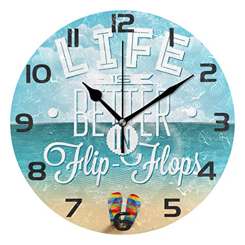 ALAZA Life is Better in Flip-Flops Seascape Clock Painted Silent Non-Ticking Round Wall Clock Home Art Bedroom Living Dorm Room Decor