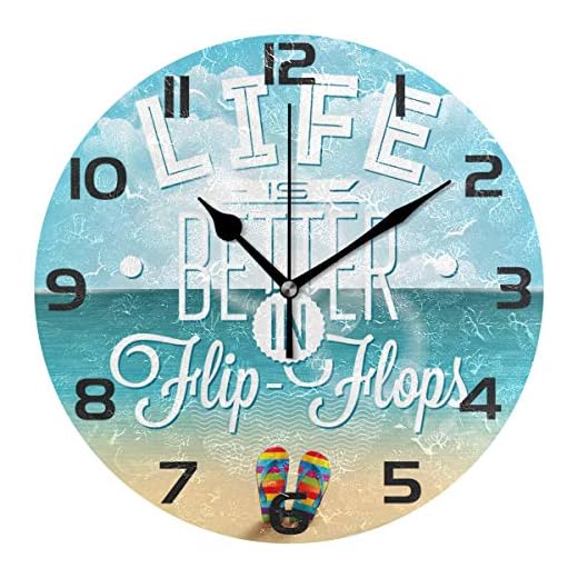 ALAZA Life is Better in Flip-Flops Seascape Clock Painted Silent Non-Ticking Round Wall Clock Home Art Bedroom Living Dorm Room Decor